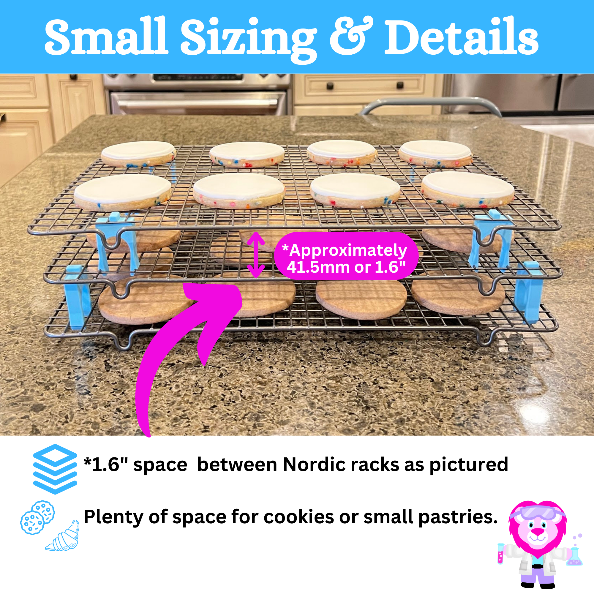 Small wire cooling rack stackers sizing details with cookies on the racks.