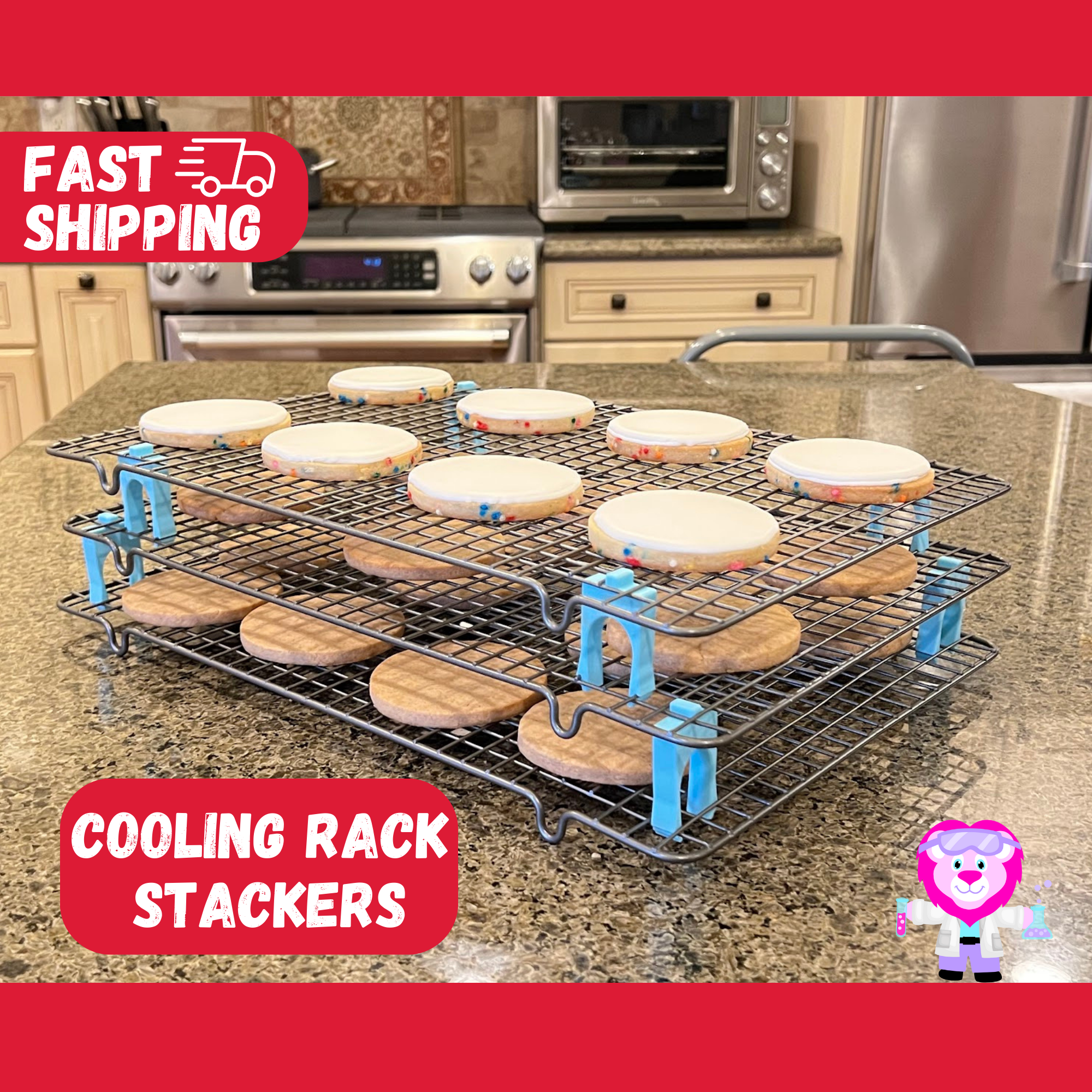 Small wire cooling rack stackers with cookies on the racks.