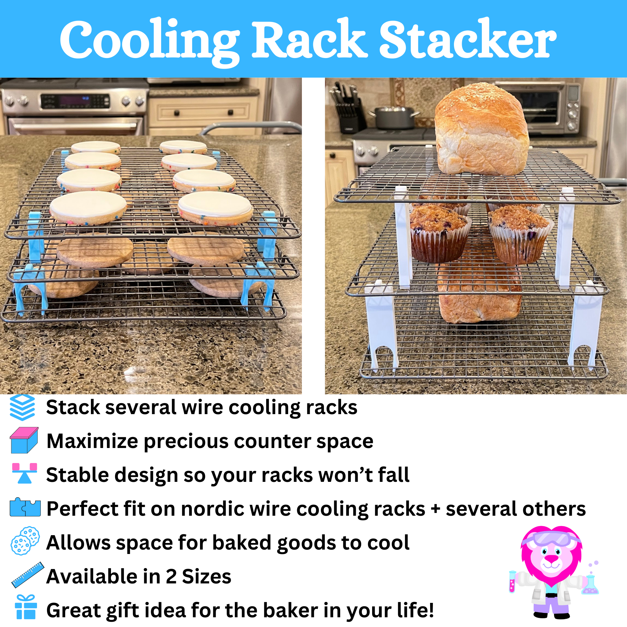 Small and medium wire cooling rack stackers with cookies, muffins and bread on the racks.