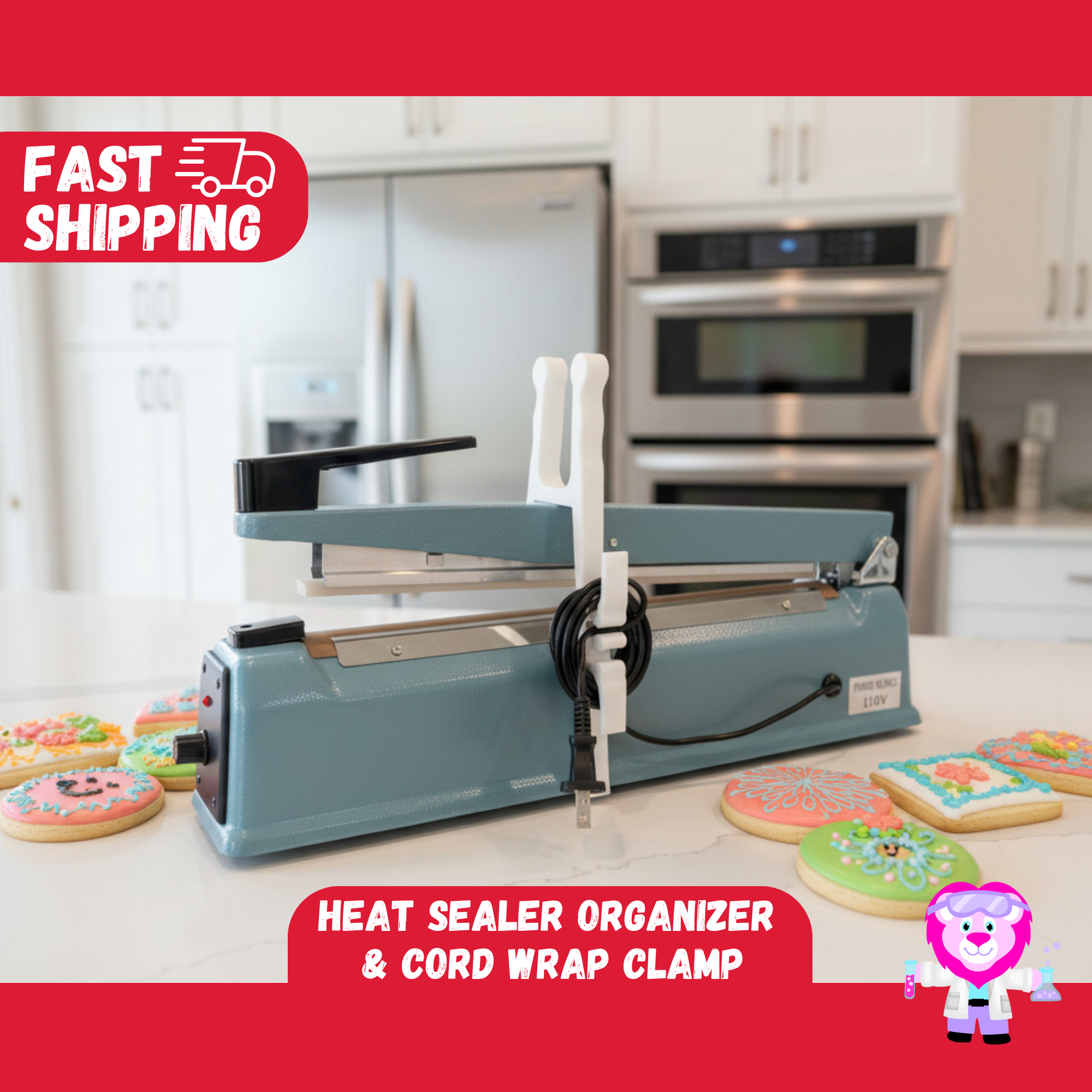 Heat Sealer Clamp & Cord Wrap Organizer for Cookie Packaging