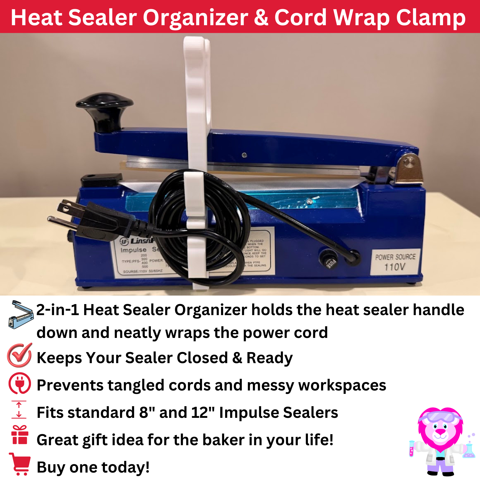 Heat Sealer Clamp & Cord Wrap Organizer for Cookie Packaging