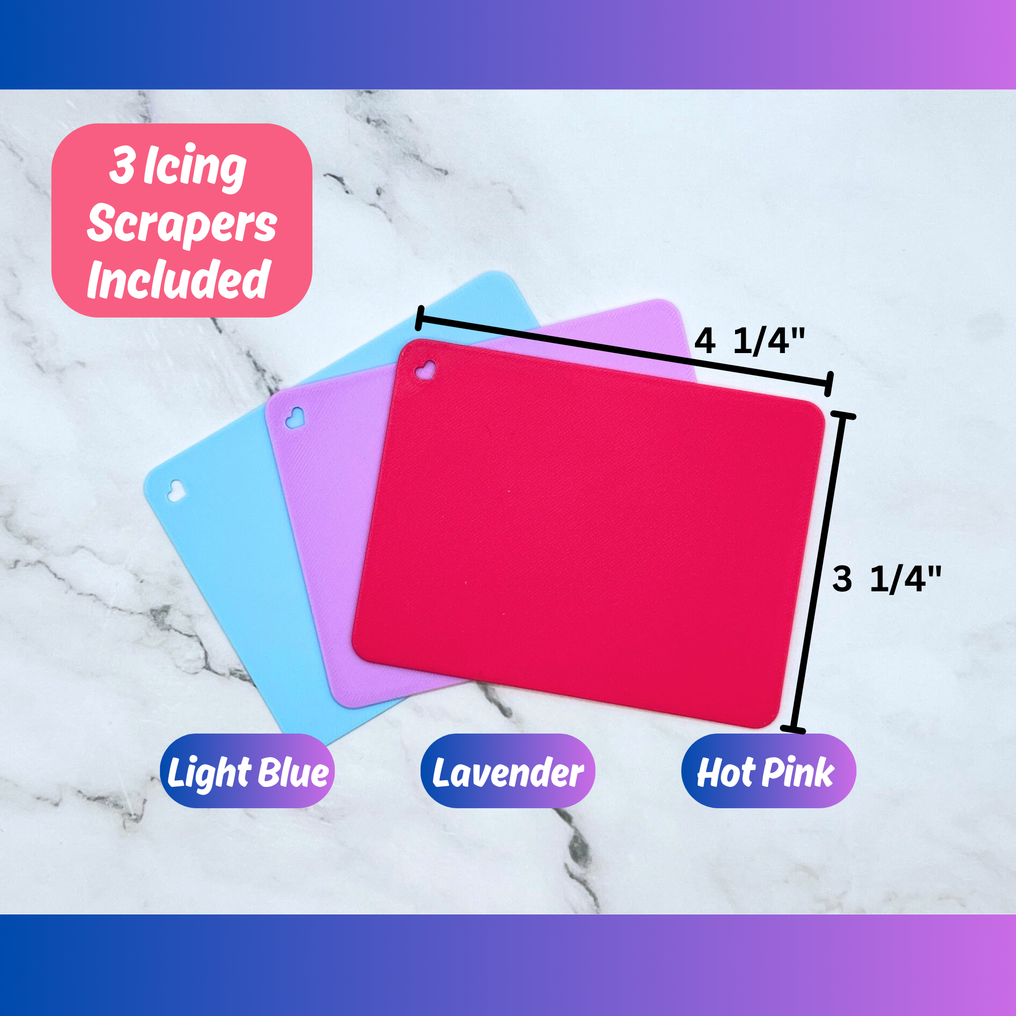 Icing Scrapers in hot pink, lavender and light blue with size details.