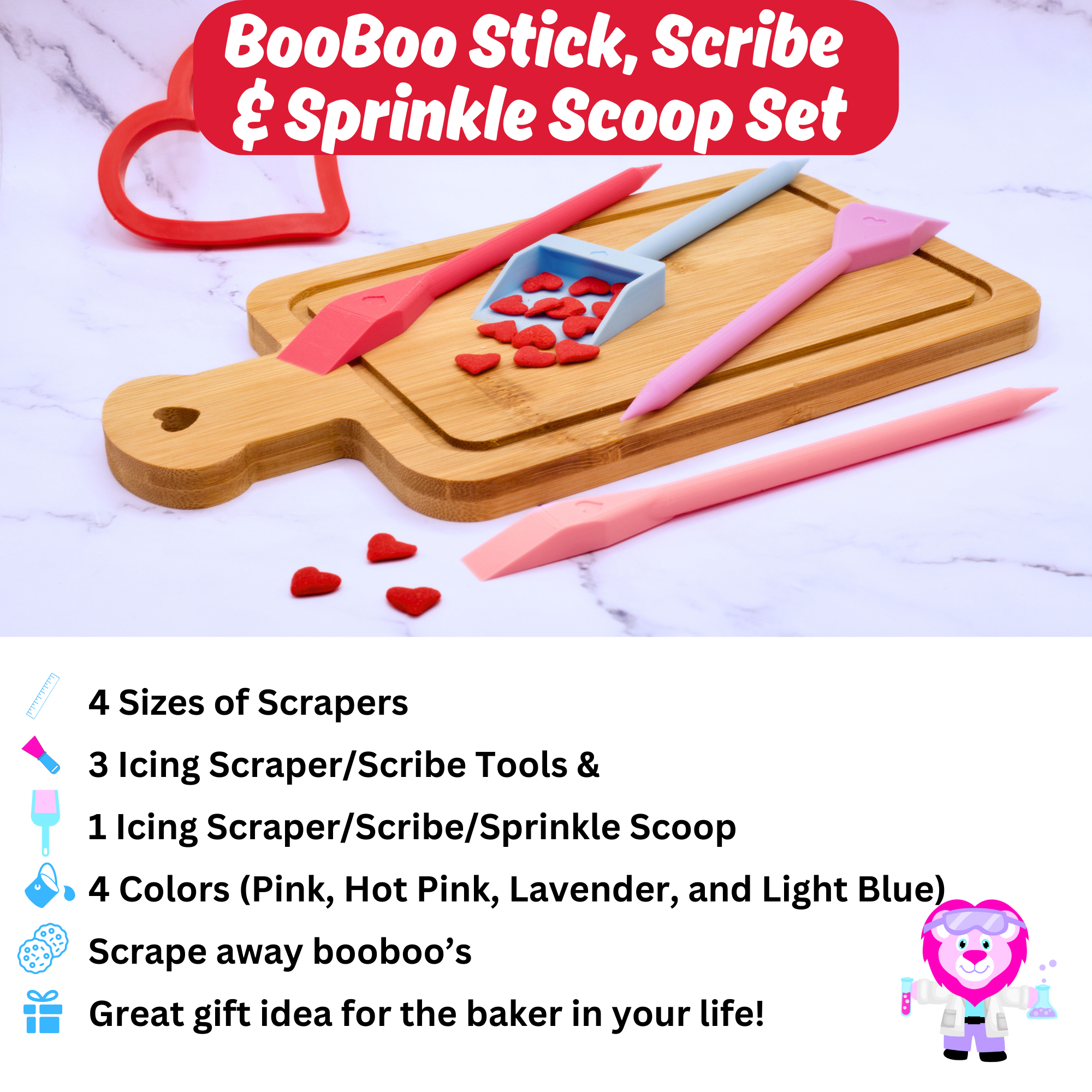 4 booboo sticks in different colors showing the sizes and the sprinkle scoop along with the features and benefits