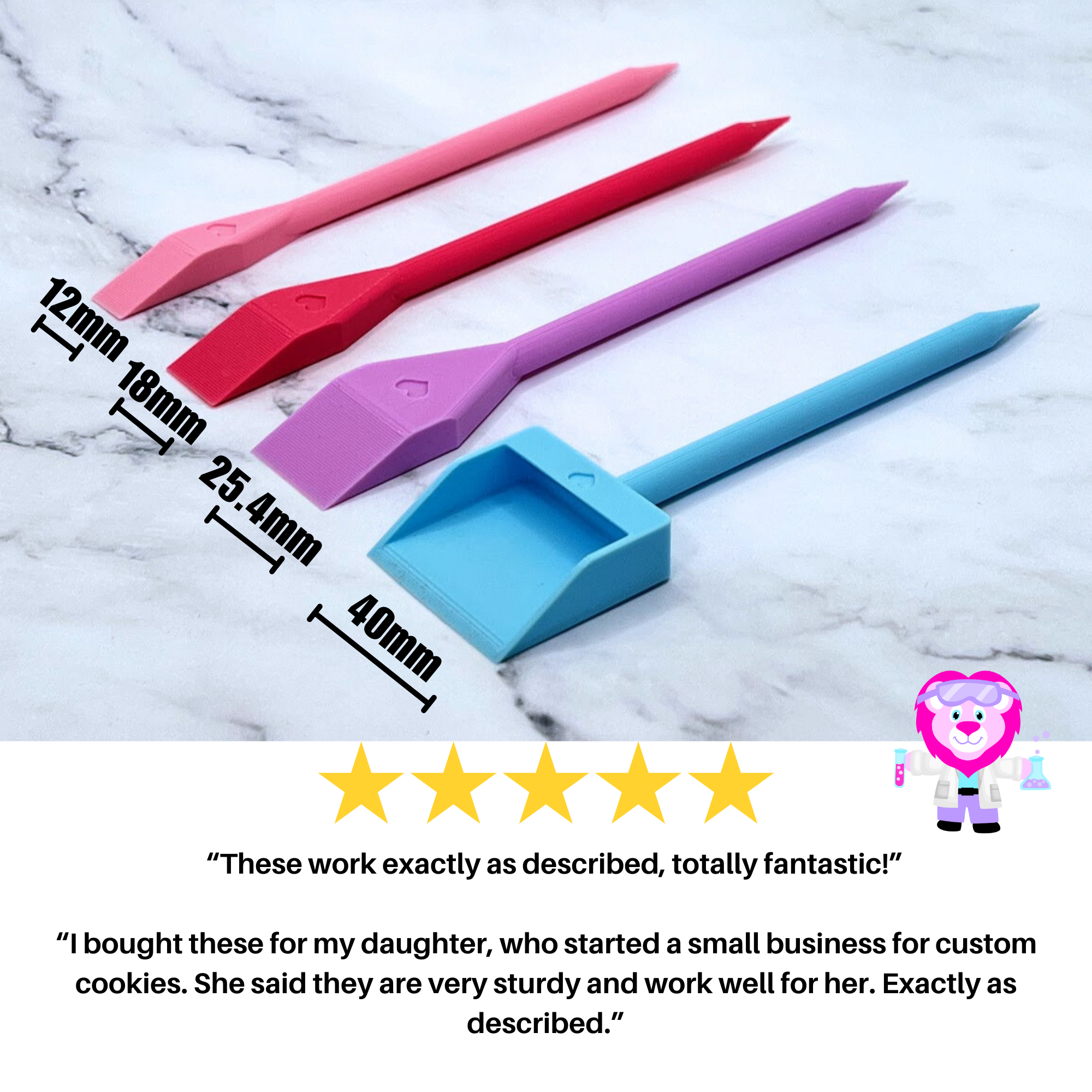 4 booboo sticks in different colors showing the sizes and the sprinkle scoop showing some reviews