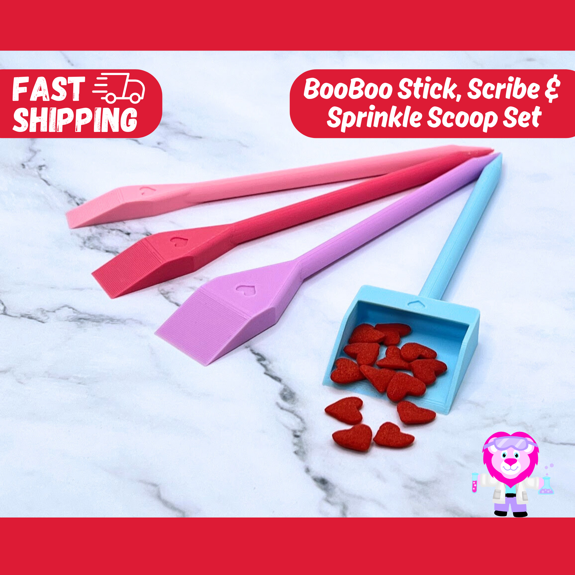 4 booboo sticks in different colors showing the sizes and the sprinkle scoop